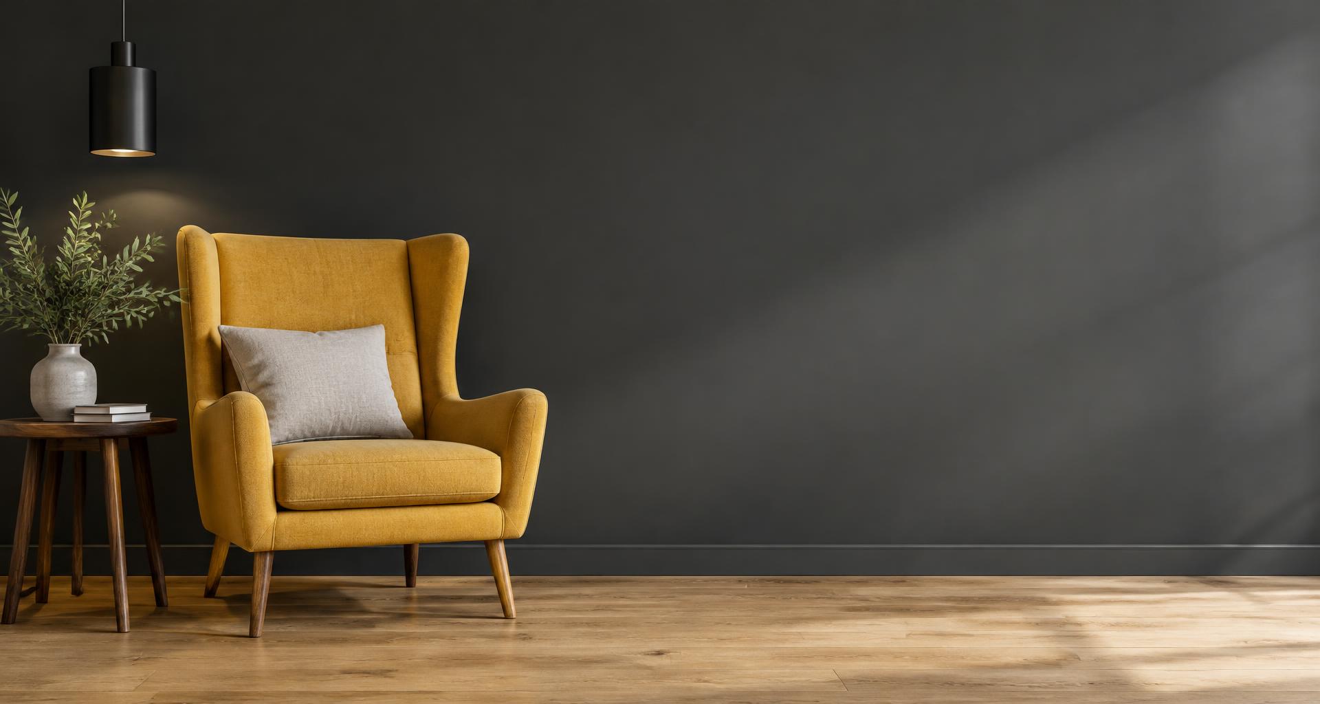 Mustard armchair, pendant light and walnut side table in a charcoal interior